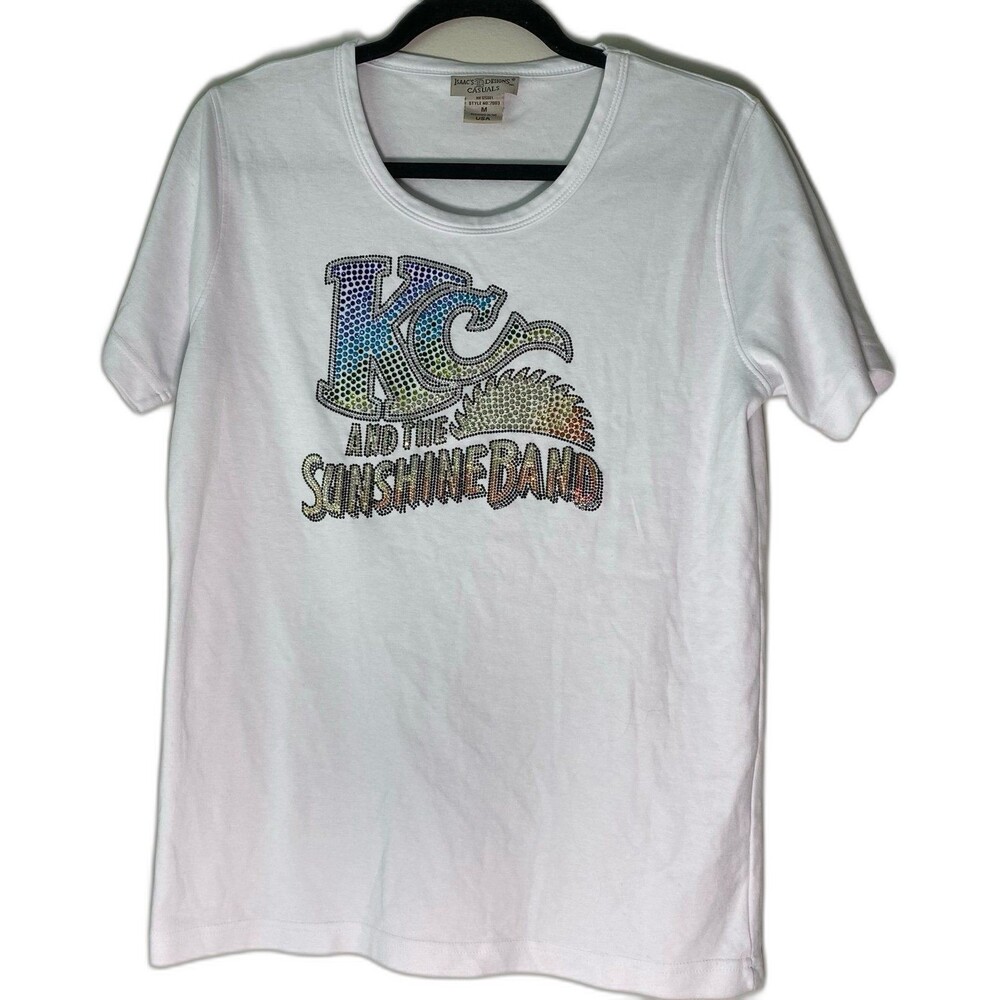 Isaac’s Designs T-Shirt Women's Size M White KC & the Sunshine Band Rhinestone